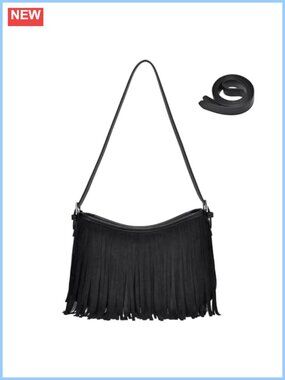 Vegan Suede Fringe Hobo Shoulder Crossbody Bag Detachable Straps